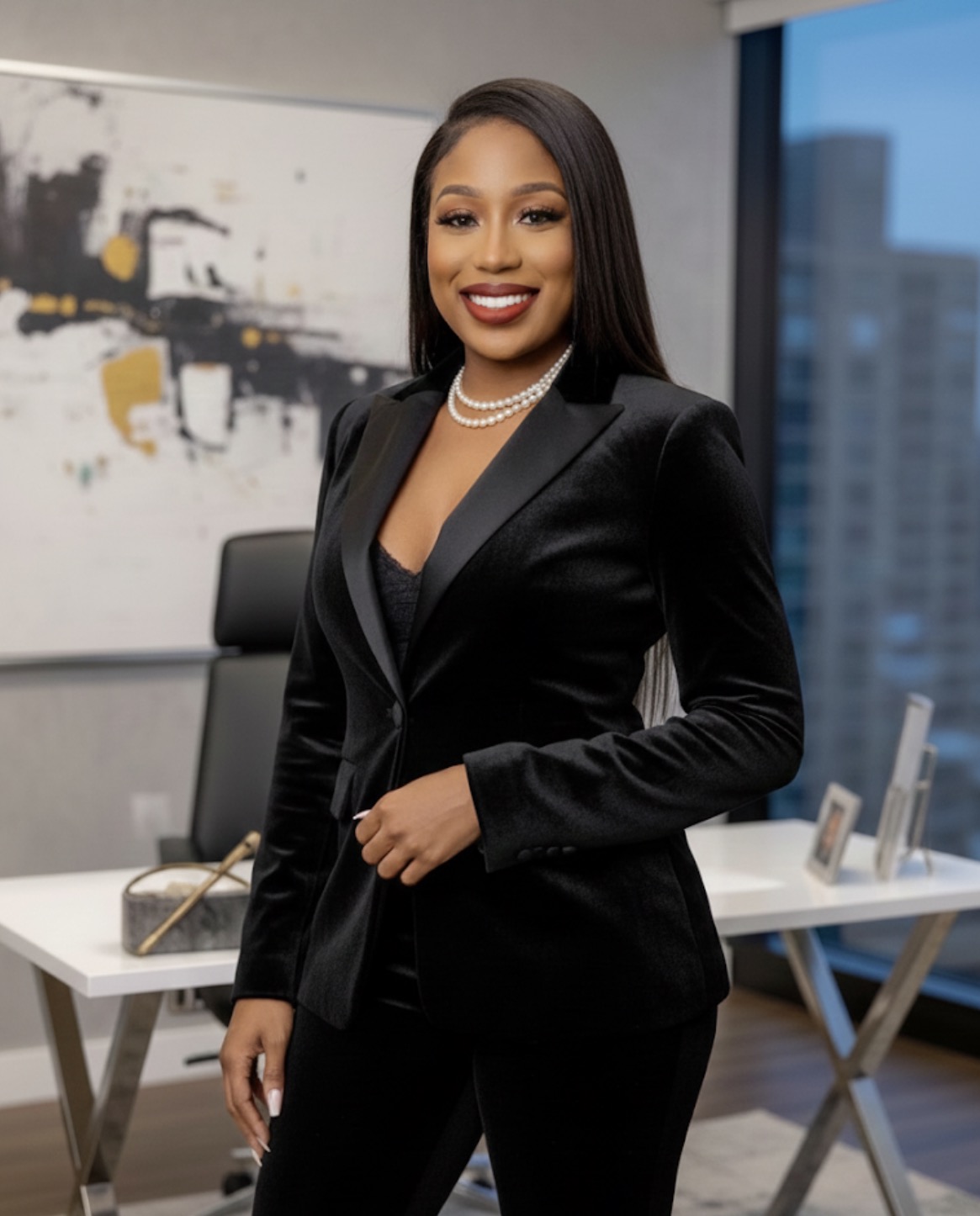 Ashley Lashun in a black suit