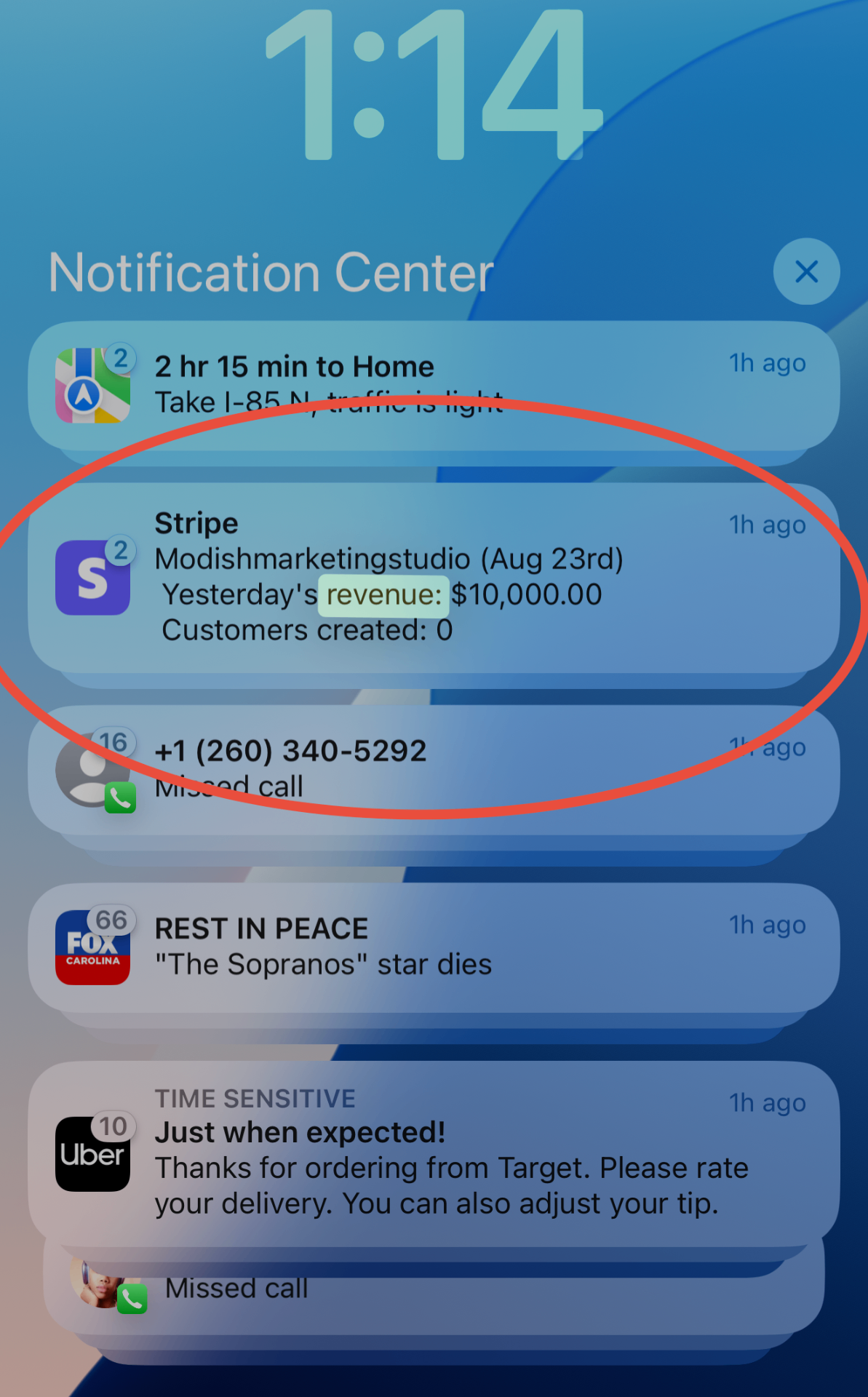 Stripe notification showing $10,000 in revenue for Modish Marketing Studio