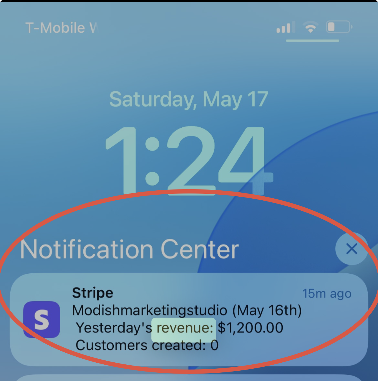 Stripe notification showing $1,200 in revenue for Modish Marketing Studio