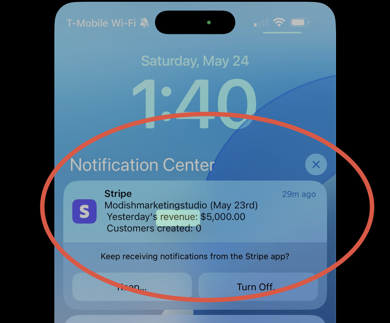 Stripe notification showing $5,000 in revenue for Modish Marketing Studio in May